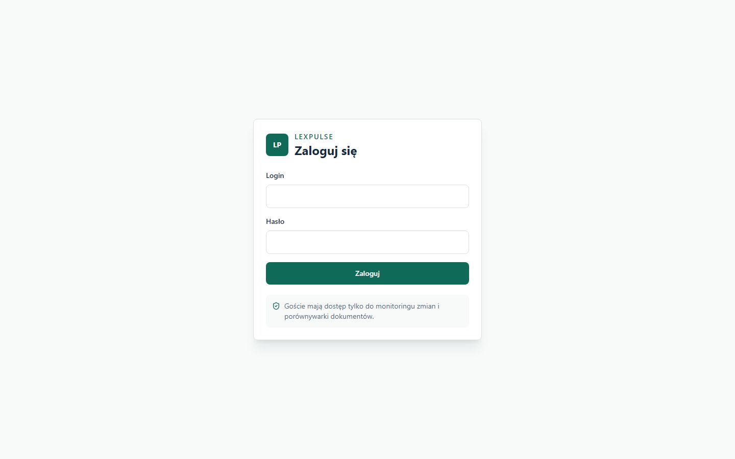Ekran logowania platformy LexPulse do monitorowania zmian i porównywania dokumentów
